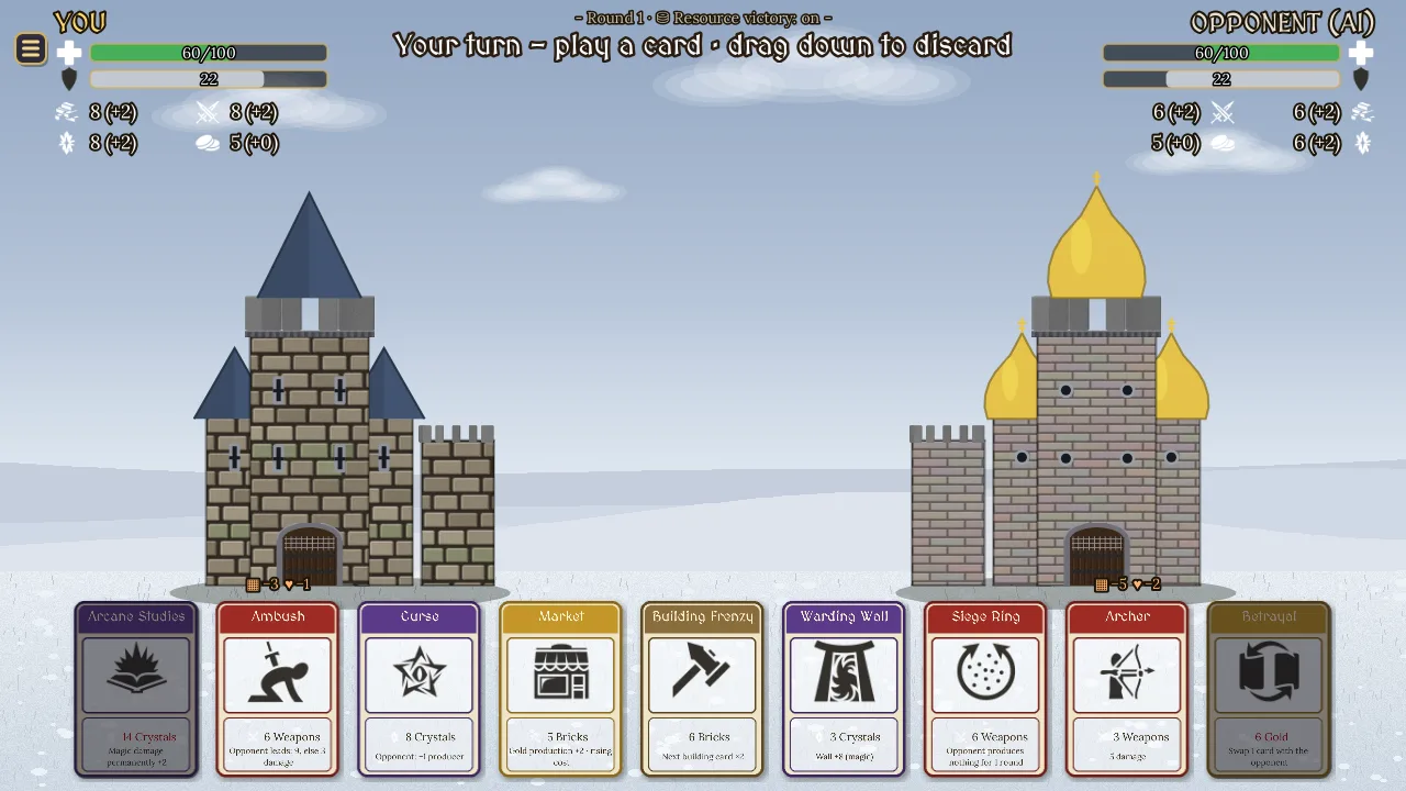 A running match: hand of cards, castle and wall values, resource stockpiles
