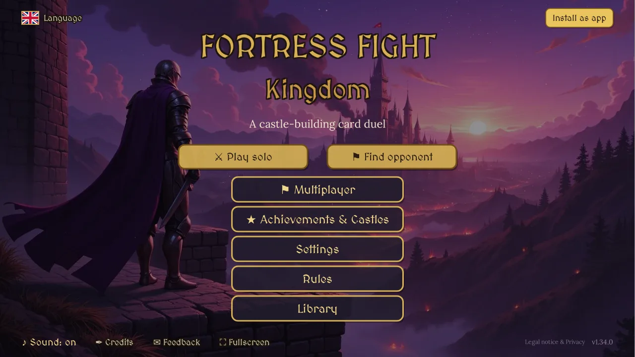 Main menu of Fortress Fight Kingdom with two castles at dusk